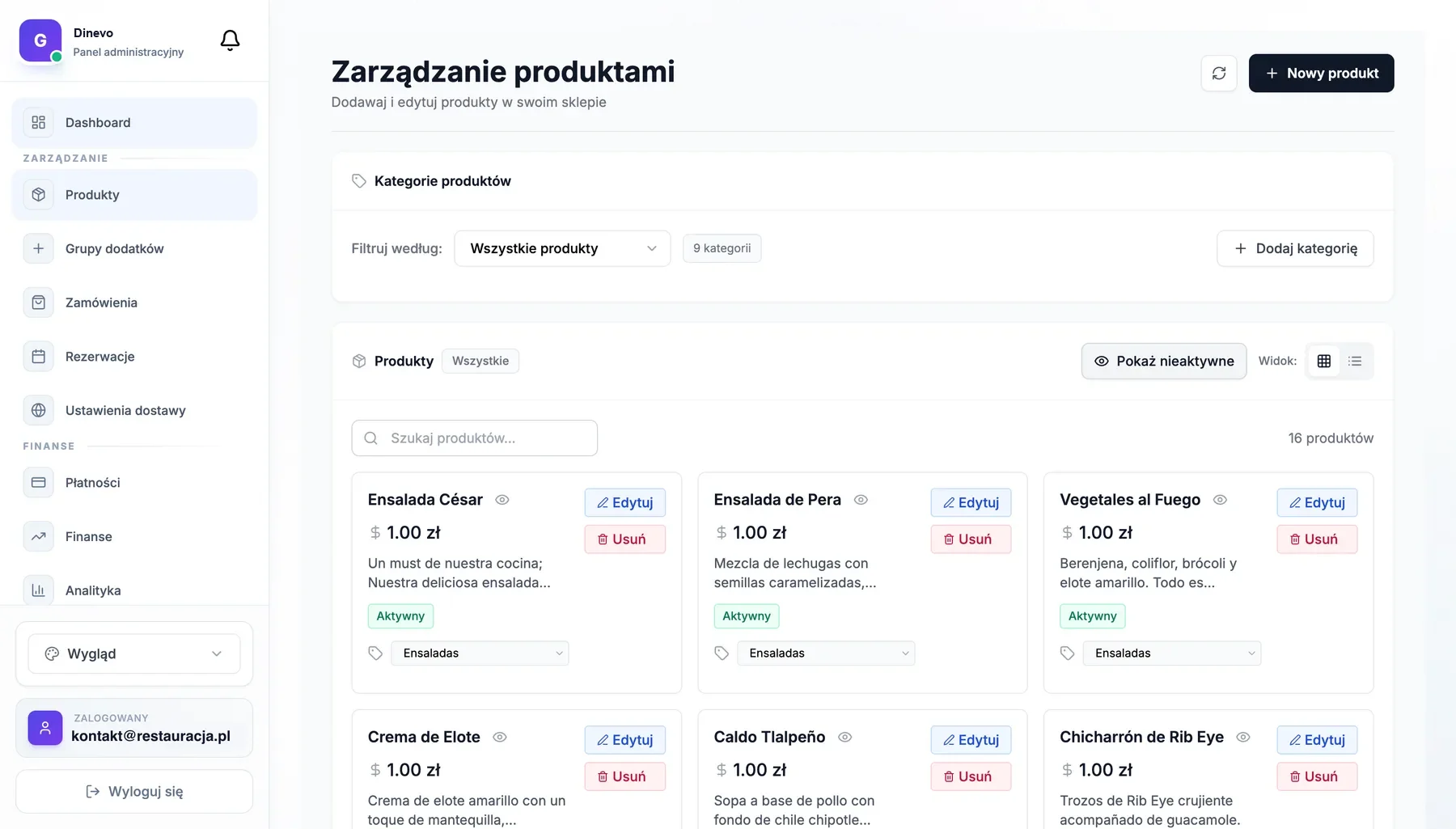 Widok menu